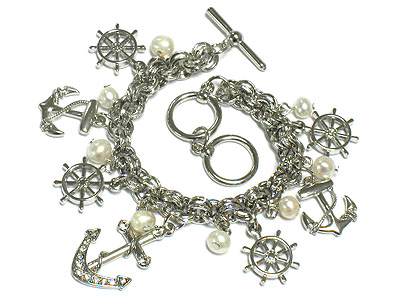 Nautical theme anchor and wheel charm dangle bracelet