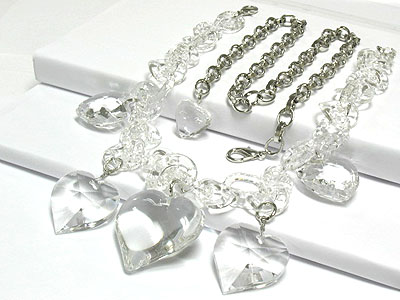 Rock crystal look lucite heart charm link long necklace or belt - dual function