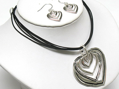 Heart pendant and multi strand cord neckalce and earring set