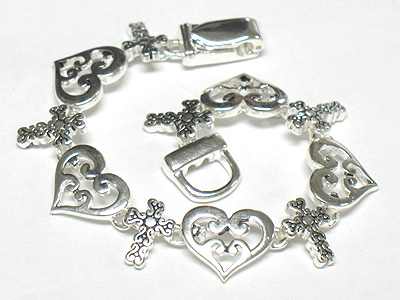 Cross and heart metal link bracelet