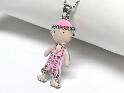 Crystal stud enamel metal nodding boy pendant necklace