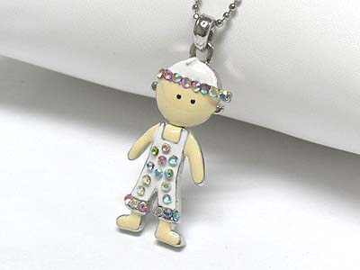 Crystal stud enamel metal nodding boy pendant necklace