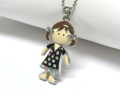 Crystal stud enamel metal nodding girl pendant necklace