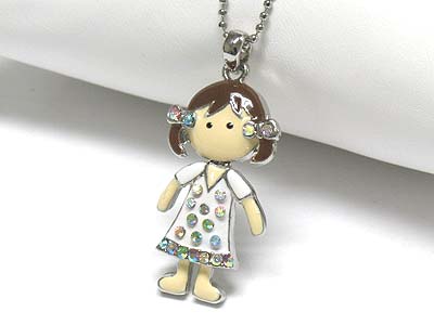 Crystal stud enamel metal nodding girl pendant necklace