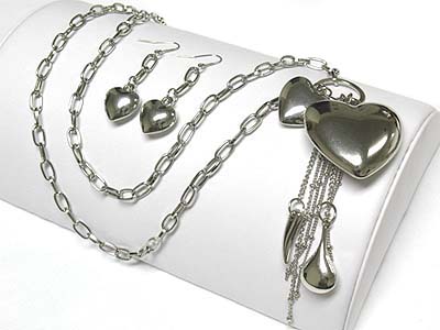 Metal heart charm long necklace and earring set