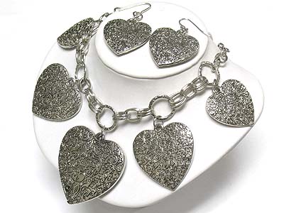 Multi metal heart dangle necklace and earring set