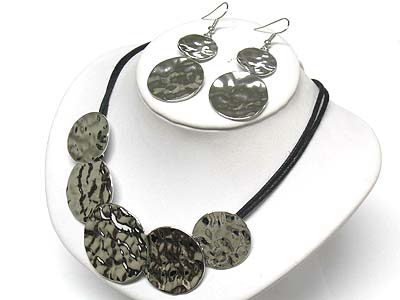 Multi metal disk dangle cord necklace and earring set