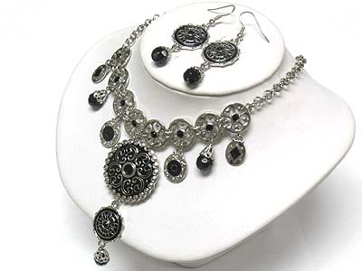 Multi metal disk and ball drop necklace and earring set