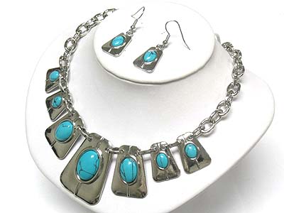 Multi metal disk and turquoise stone necklace and earring set