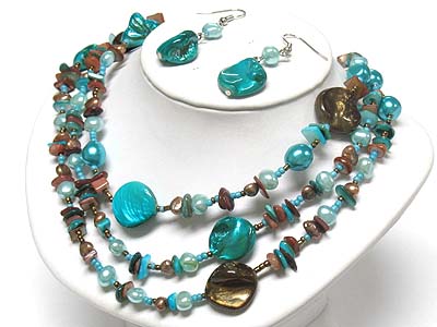 Triple strand dyed natural shell and pearl beads necklace and earring set