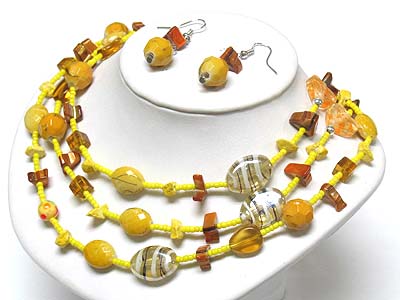 Multi beads and stone long necklace and earring set