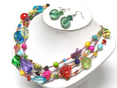 Triple strand multi beads and stone necklace and earring set