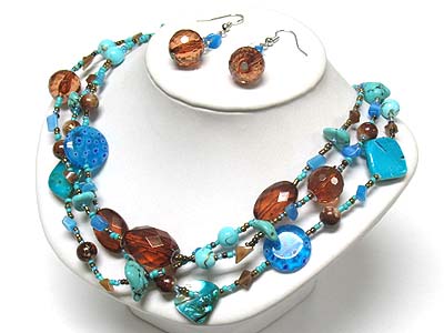 Triple strand multi beads and stone necklace and earring set