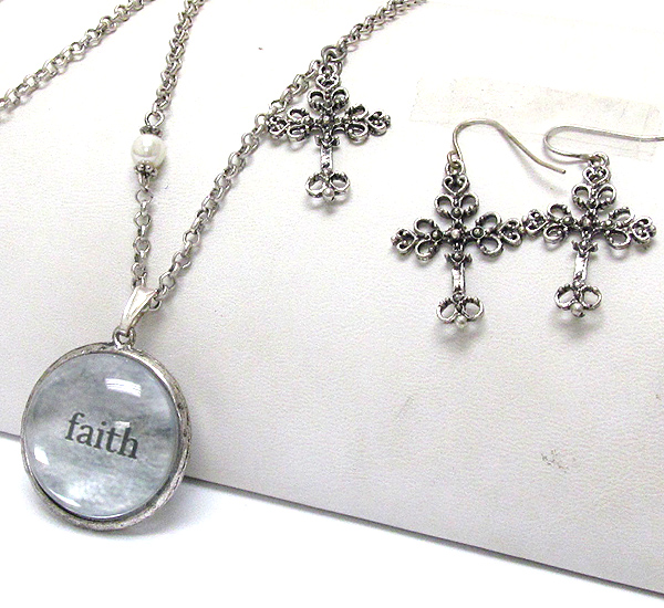 Faith message on glass disk pendant and cross necklace earring set