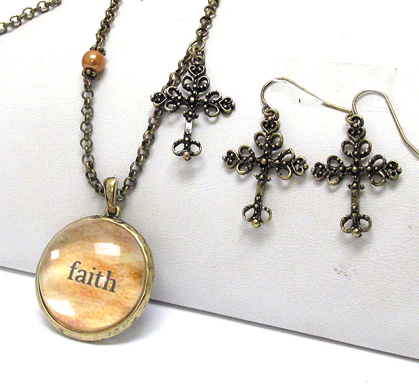 Faith message on glass disk pendant and cross necklace earring set