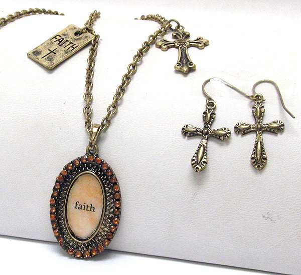 Crystal deco faith on oval disk and cross necklace earring set