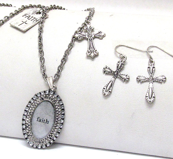 Crystal deco faith on oval disk and cross necklace earring set