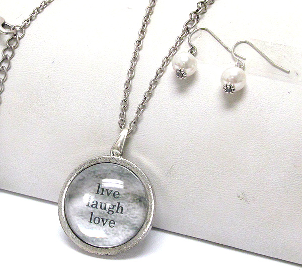 Live laugh love message on glass disk pendant necklace earring set