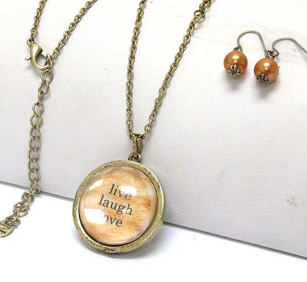 Live laugh love message on glass disk pendant necklace earring set