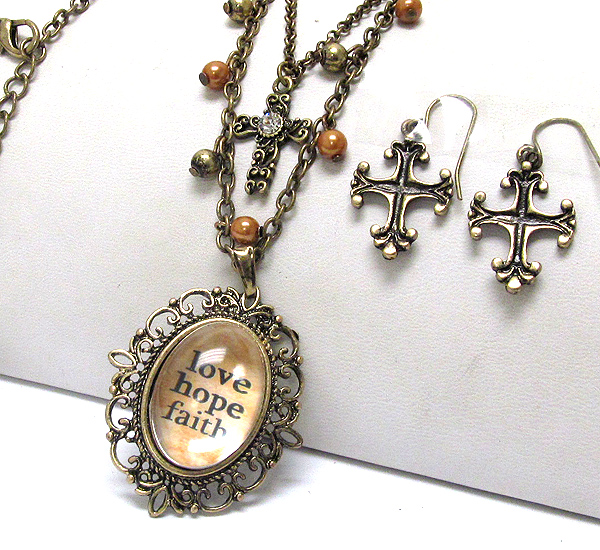 Love hope faith message oval glass pendant and cross necklace earring set