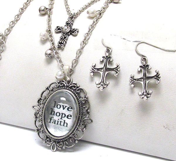 Love hope faith message oval glass pendant and cross necklace earring set