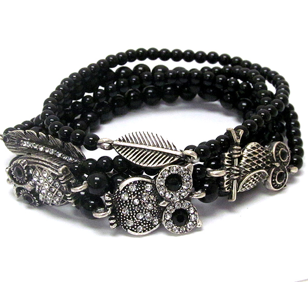 Crystal multi owl theme stretch bracelet - set of 5