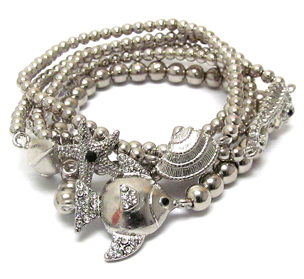 Crystal multi sea life theme stretch bracelet - set of 5