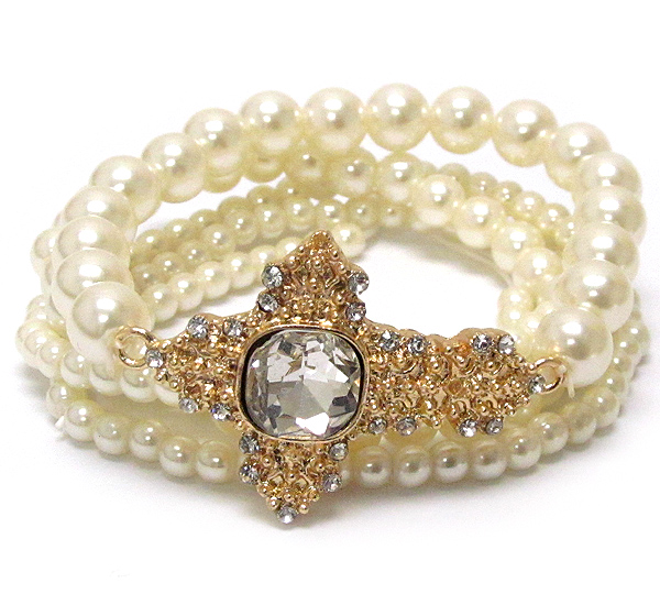 Square crystal metal textured cross and multi pearl stretch bracelet set of 5