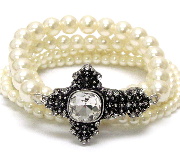 Square crystal metal textured cross and multi pearl stretch bracelet set of 5