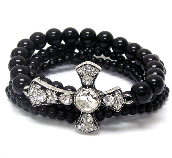 Round crystal metal textured cross and pearl stretch bracelet set of 5