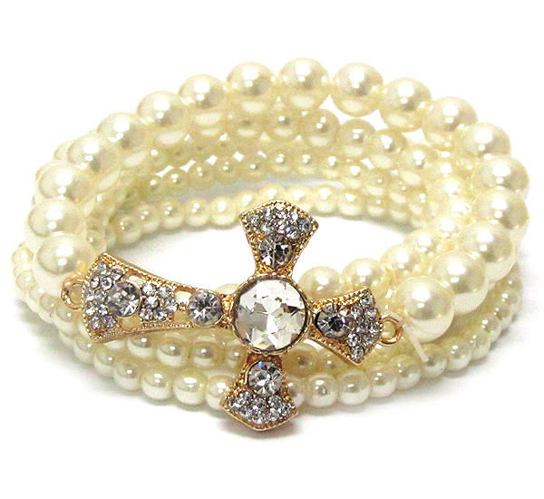 Round crystal metal textured cross and pearl stretch bracelet set of 5