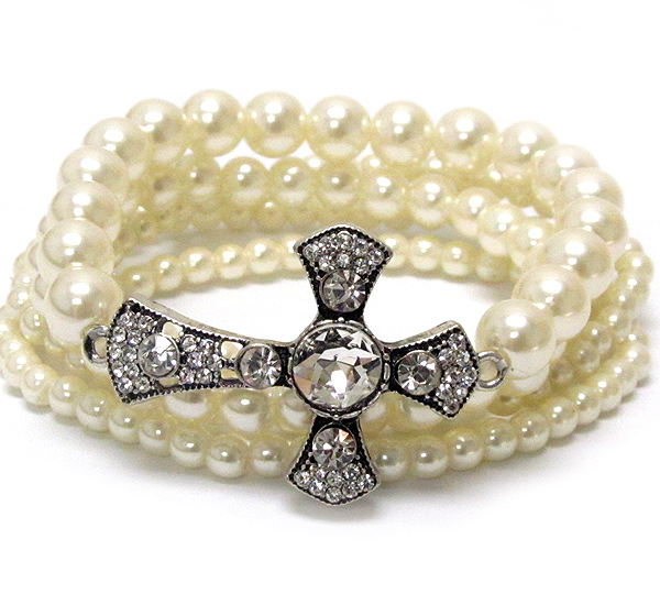 Round crystal metal textured cross and pearl stretch bracelet set of 5