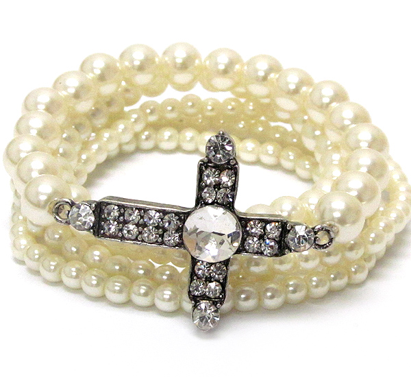 Round crystal metal textured cross and pearl stretch bracelet set of 5