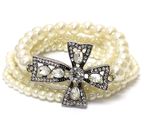 Oval crystal metal textured cross and pearl stretch bracelet set of 5