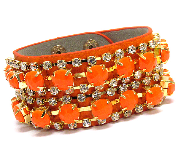 Double acrylic stone and rhinestone mix leatherette band bracelet