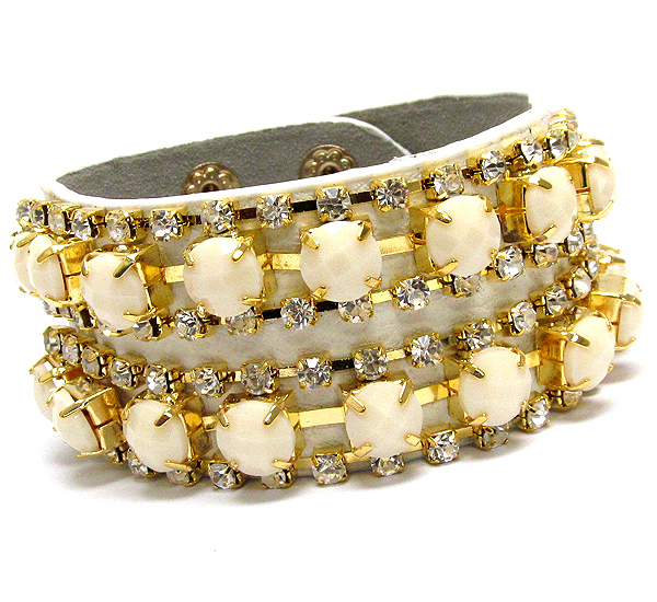 Double acrylic stone and rhinestone mix leatherette band bracelet