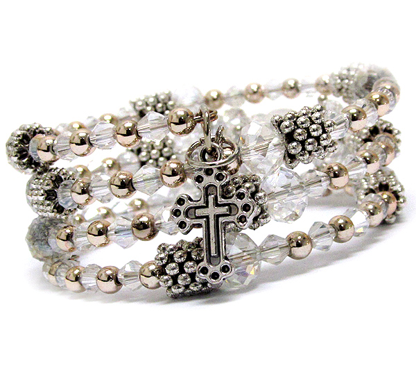 Multi glass bead and cross charm coiled memory wire bracelet