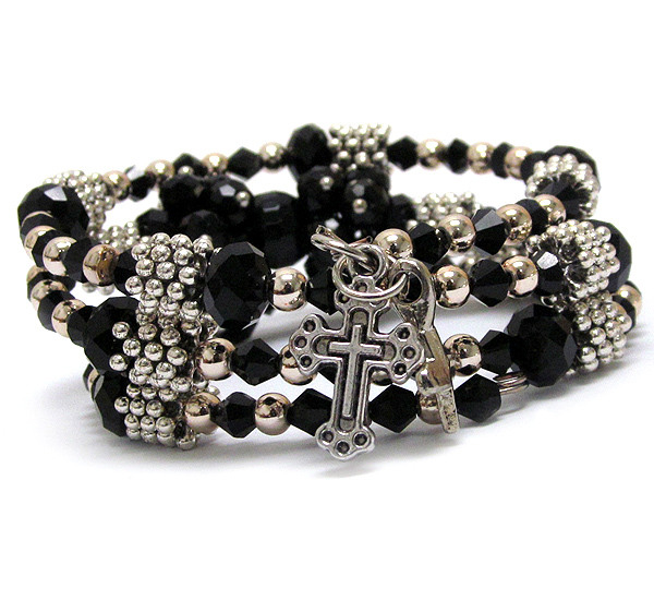 Multi glass bead and cross charm coiled memory wire bracelet