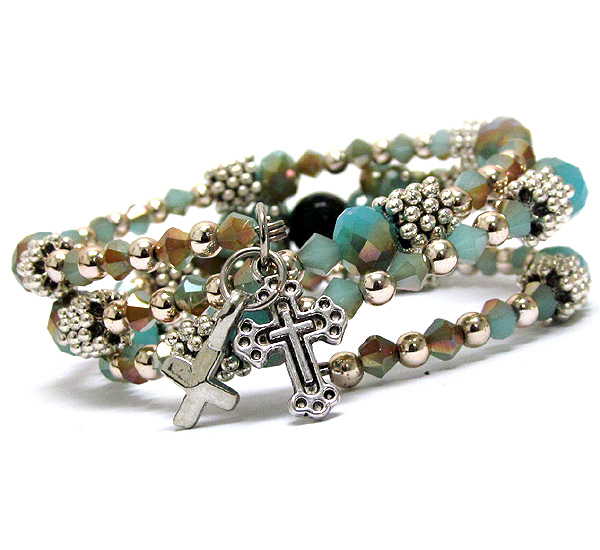 Multi glass bead and cross charm coiled memory wire bracelet