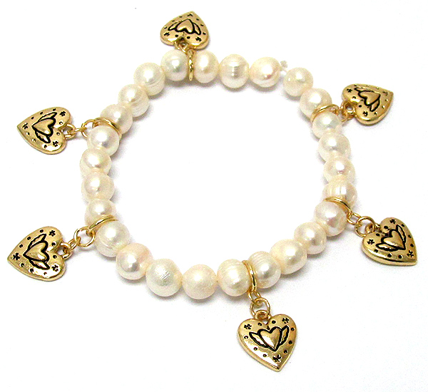 Multi heart charm and genuine  fresh water pearl bead stretch bracelet