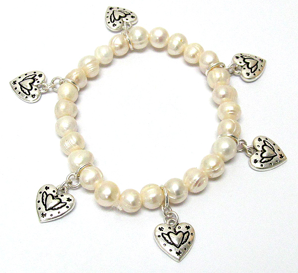 Multi heart charm and genuine fresh water pearl bead stretch bracelet