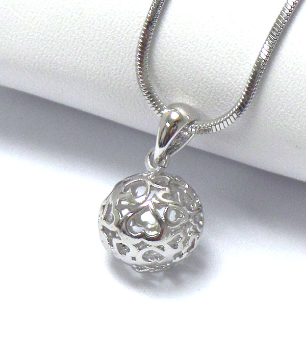 Made in korea whitegold plating metal filigree heart ball pendant necklace