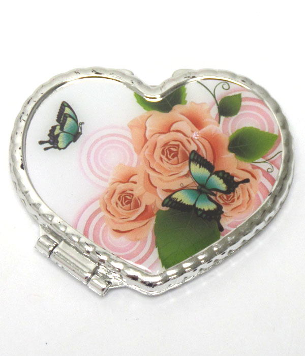 Butterfly and flower print heart handmirror