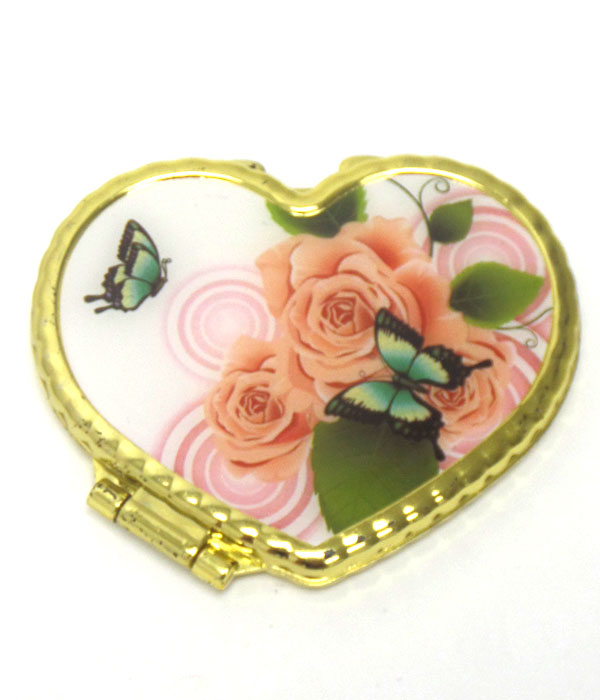 Butterfly and flower print heart handmirror