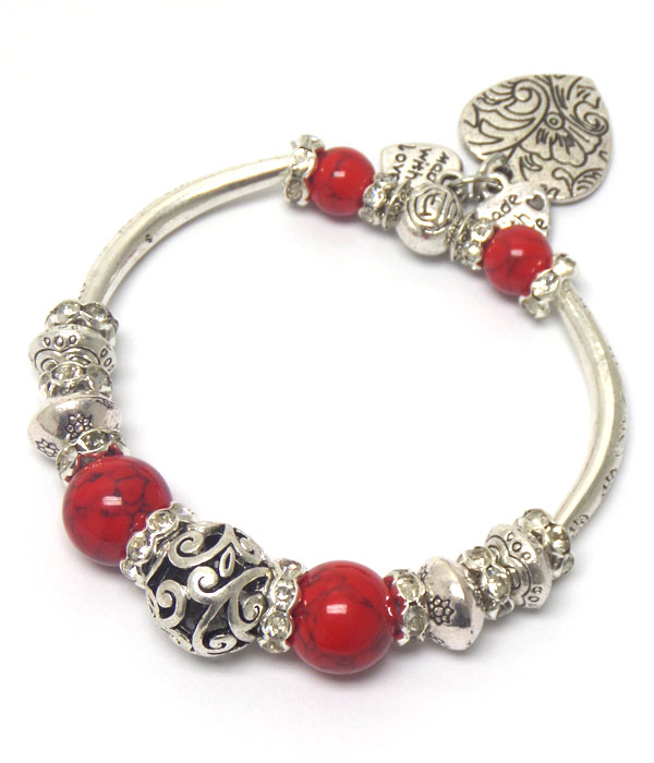 Crystal rondelle and metal filigree balll mix pandora style stretch bracelet