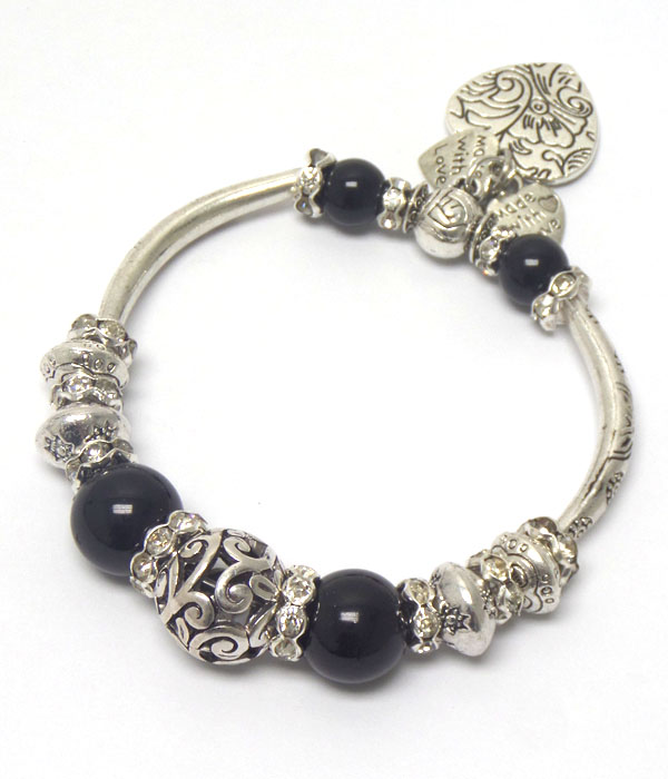 Crystal rondelle and metal filigree balll mix pandora style stretch bracelet