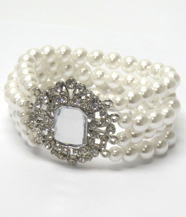 Crystal and facet stone center multi stretch pearl chain bracelet