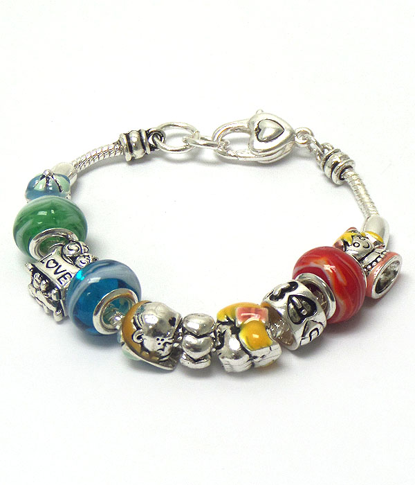 Pandora style love theme murano glass and metal ring link bracelet