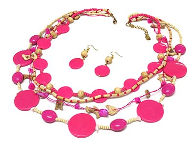 Multi strand acrylic and wood bead necklace and earring set