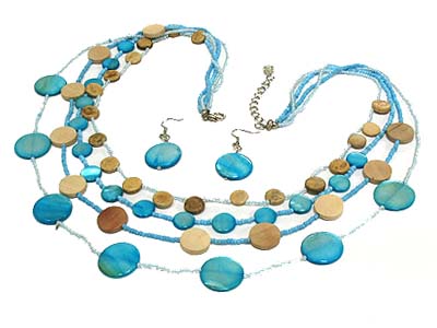 Multi strand acrylic and wood disk and seed bead necklace and earring set 